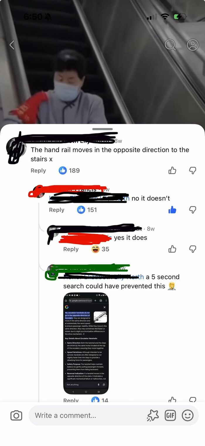 A social media screenshot with a video frame above, displaying iconic self-burns about escalator handrails.