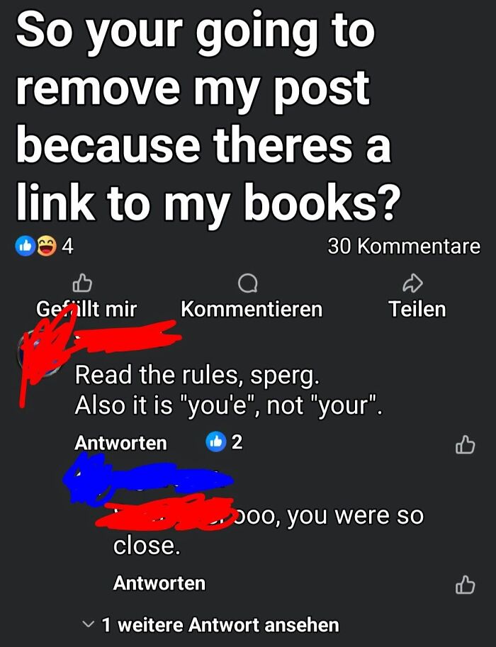 A screenshot from a social media platform displaying an iconic self-burn regarding grammar, specifically the incorrect use of 'your' instead of 'youre'.