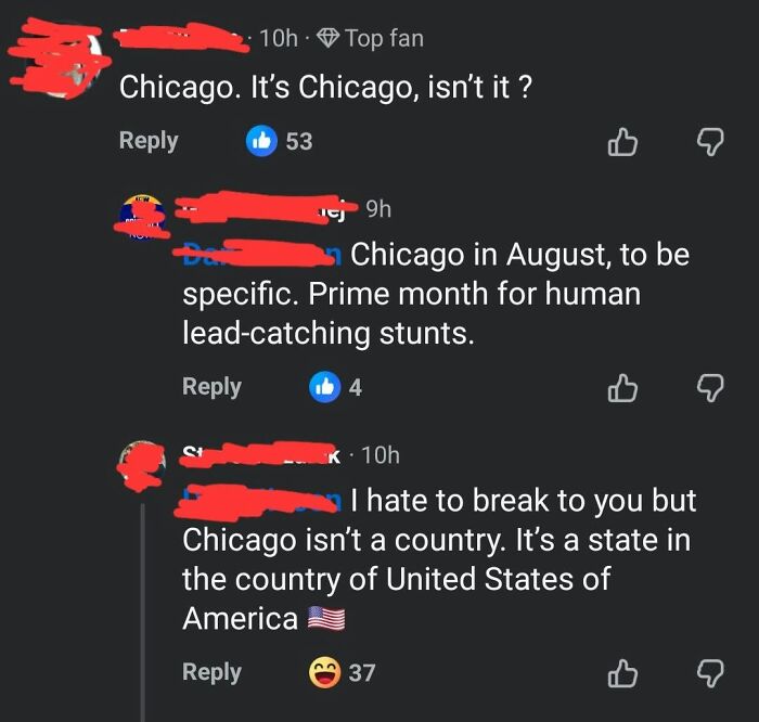 A social media thread showcasing iconic self-burns where users misunderstand geography by confusing Chicago with a country.