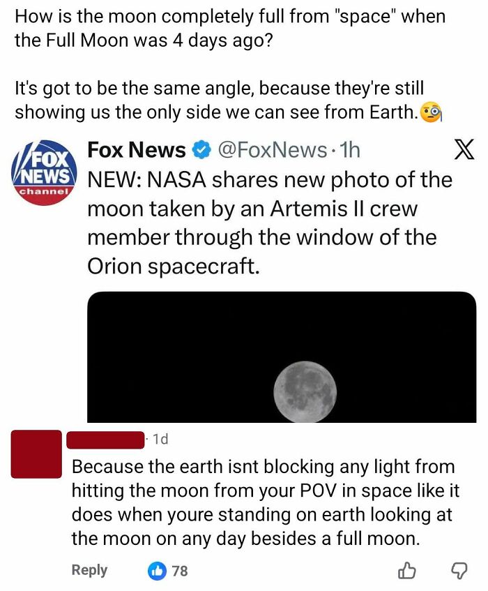 A social media screenshot discussing a photo of the moon from space, showcasing iconic self-burns regarding moon phases.