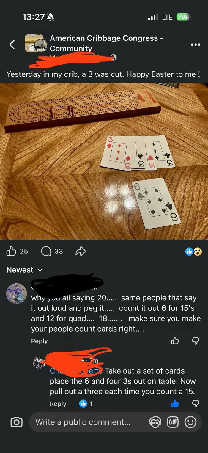 A social media screenshot of a cribbage hand with cards, featuring iconic self-burns from people miscalculating scores.