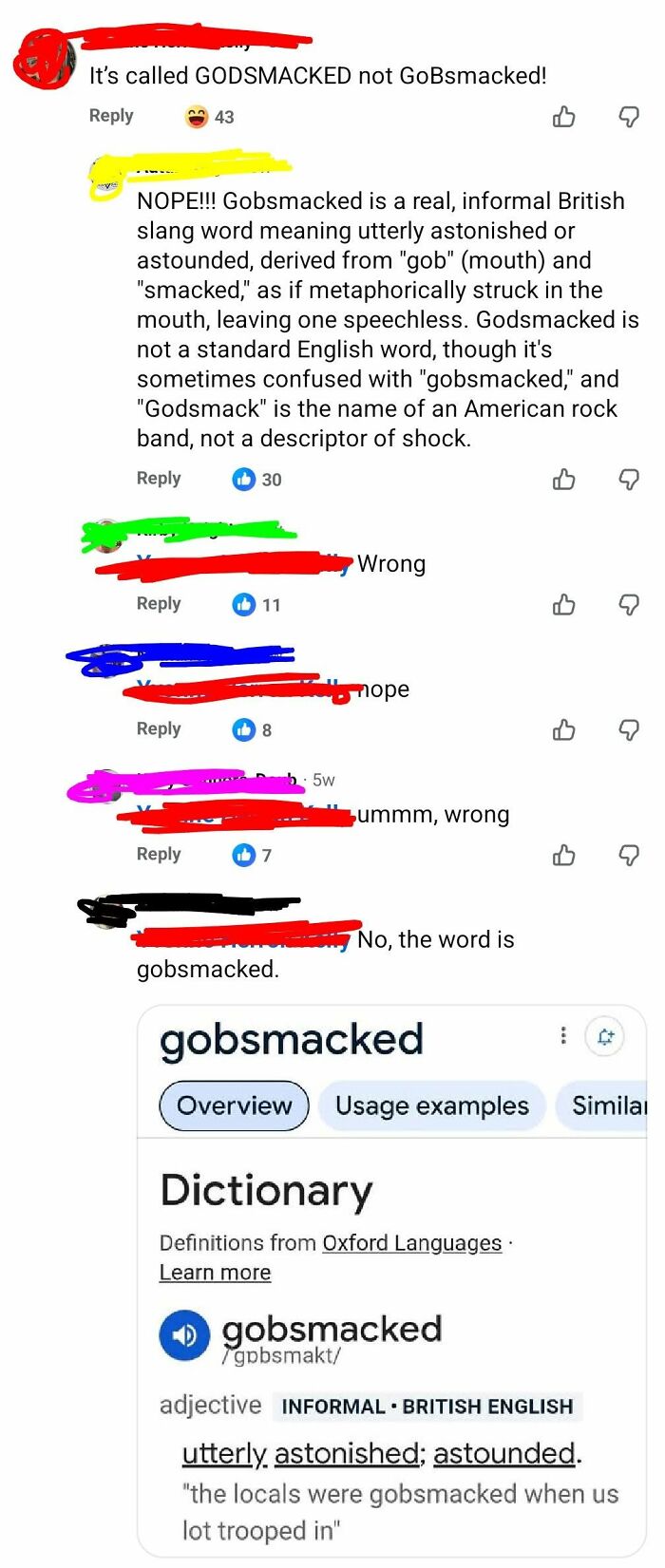 A social media screenshot with iconic self-burns about the word 'gobsmacked' versus 'godsmacked', including a dictionary definition, highlighting attempts to fix stupid misconceptions.