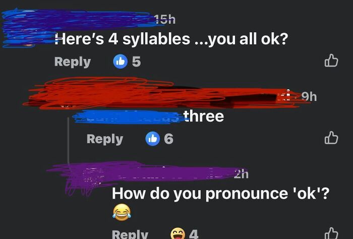 A social media screenshot with a conversation about counting syllables and iconic self-burns. It shows attempts to fix stupid statements.
