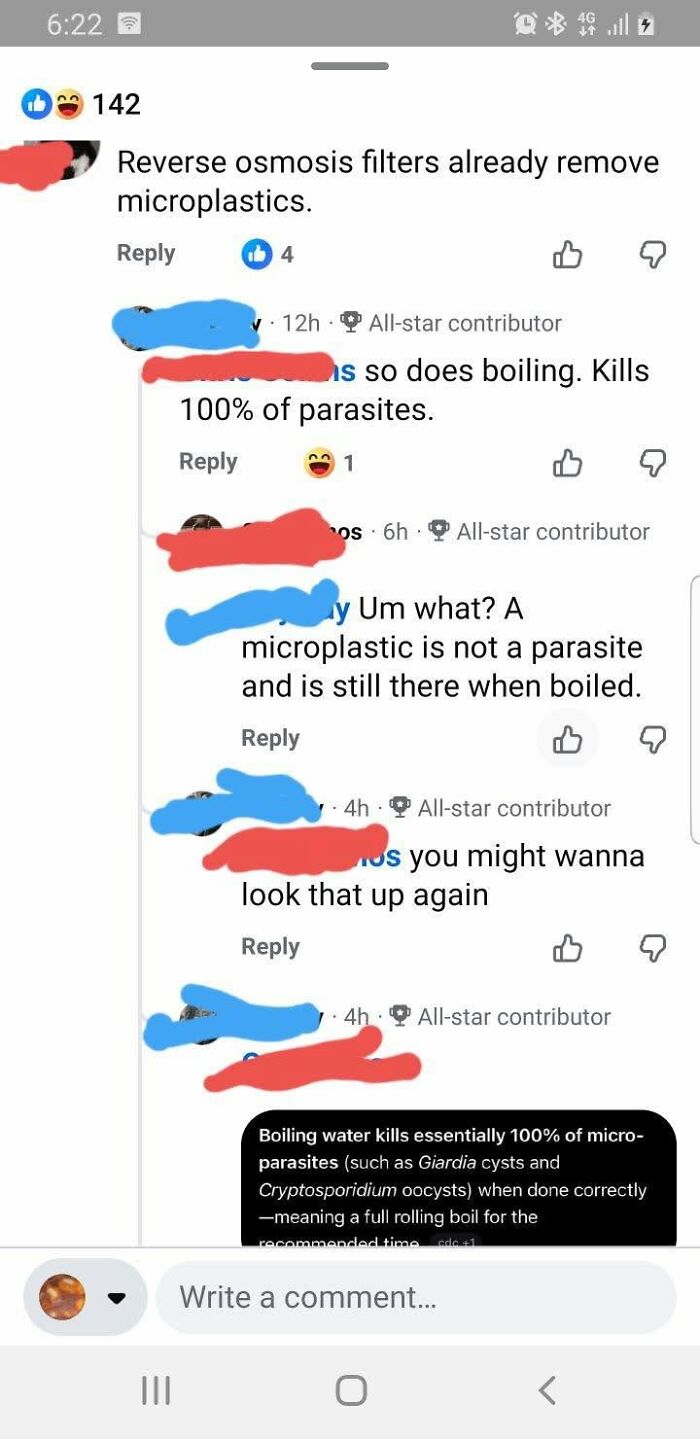 A social media screenshot showing iconic self-burns about microplastics and boiling water. It highlights how people try to fix stupid.