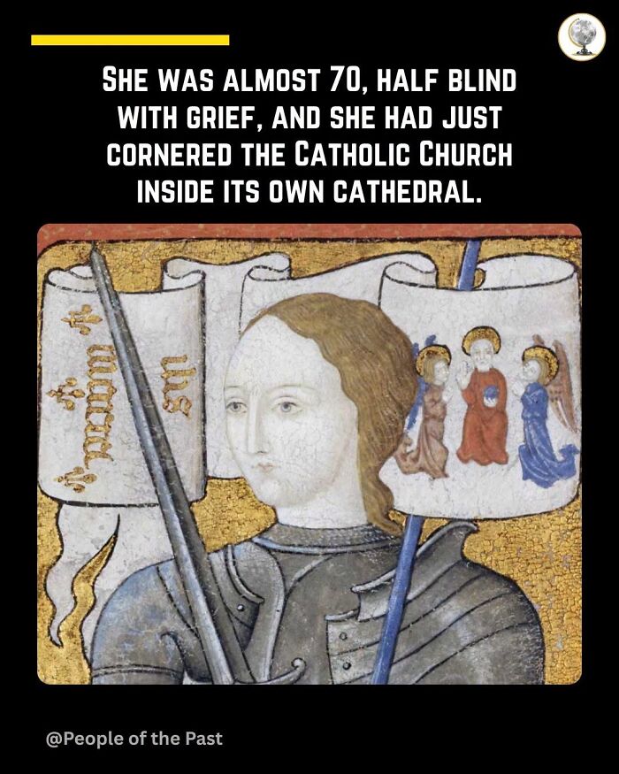 A historical post showing a medieval painting of a woman in armor with a sword and banners, a powerful historical post.