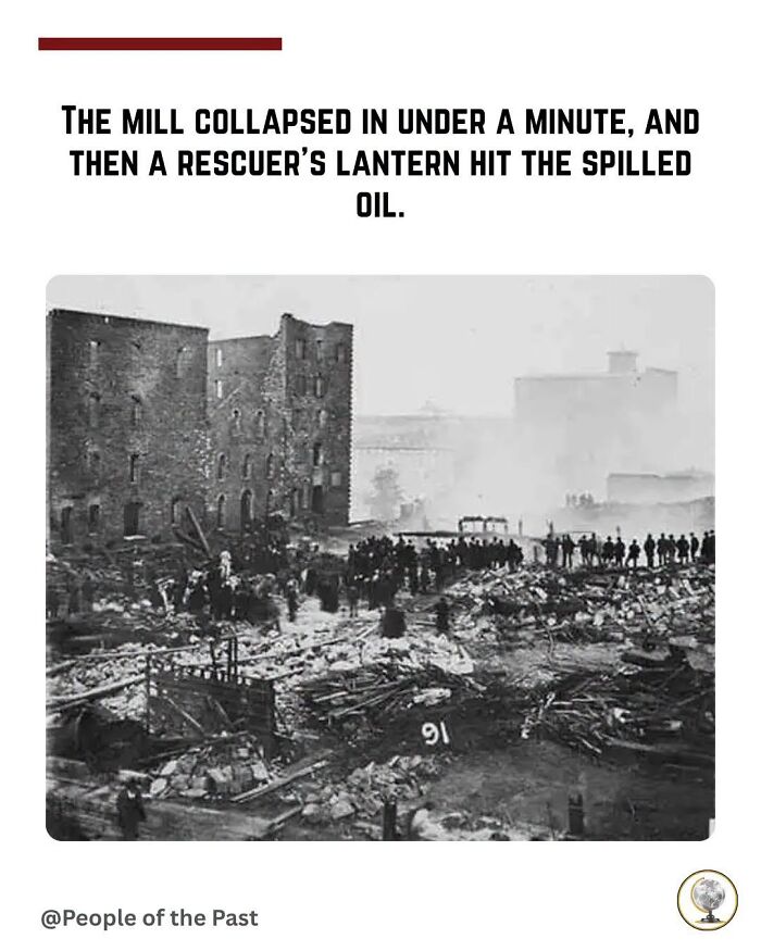 A historical post depicting a collapsed mill and debris, capturing a dramatic event in time travel.