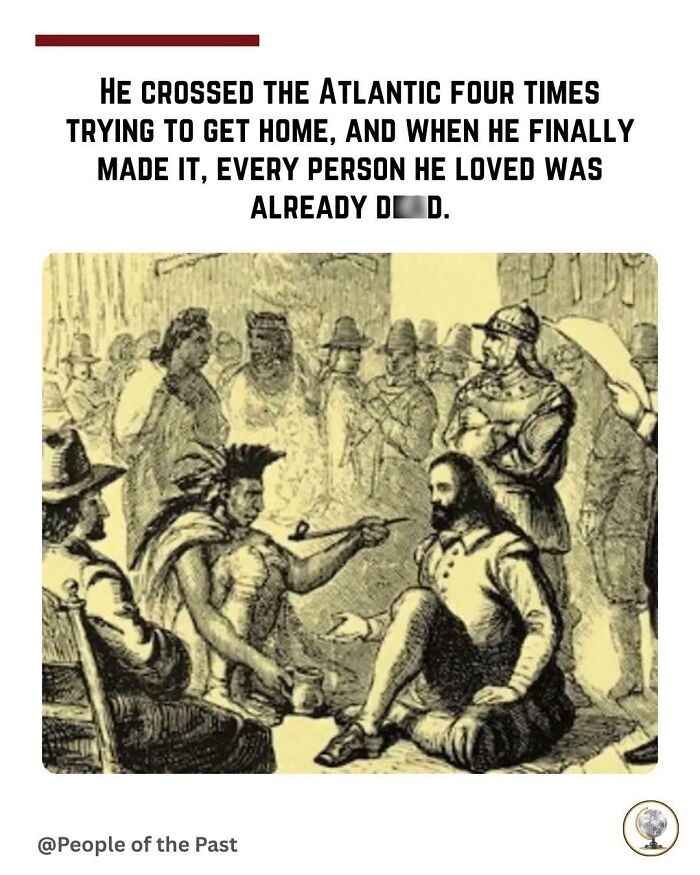 A historical illustration of a man meeting Native Americans, an image that feels like time travel.