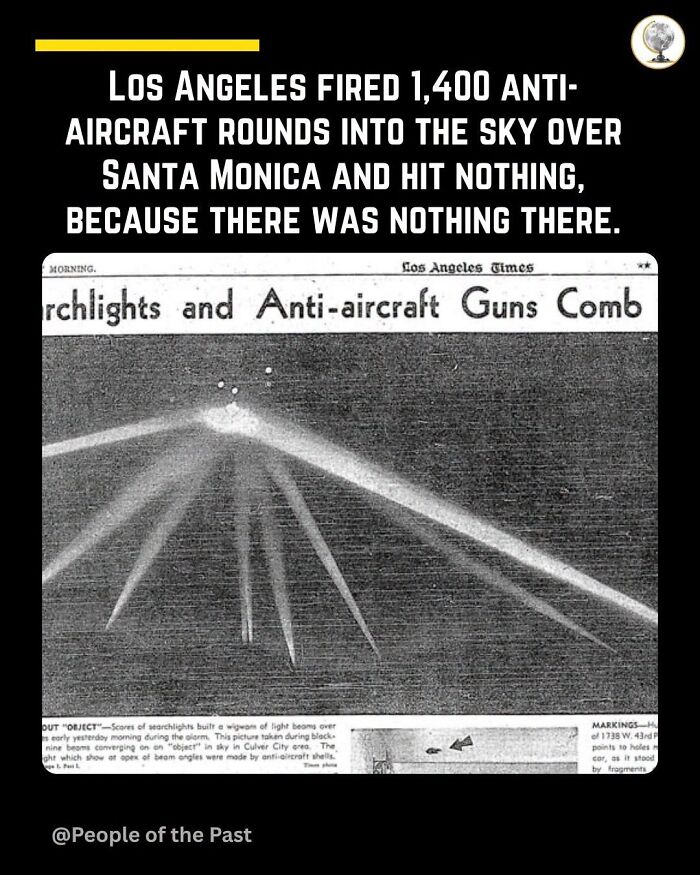 An old newspaper clipping showing searchlights, a historical post from the past that evokes time travel.
