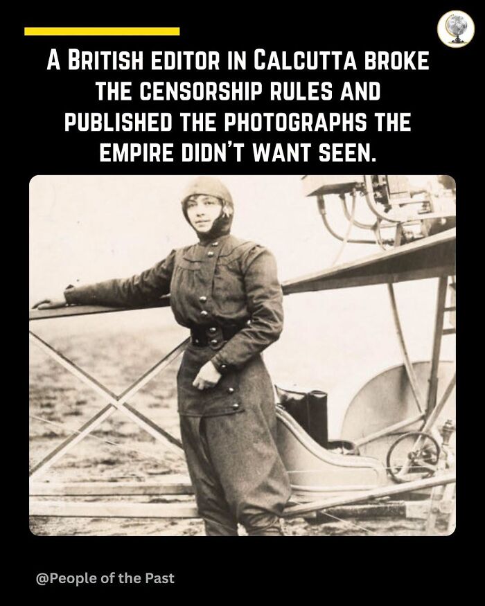 A historical post showing a woman in an early aviator suit next to an aircraft, feeling like time travel.
