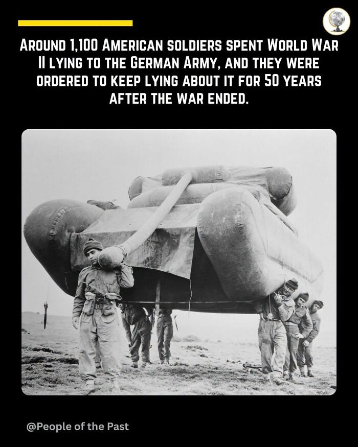 Historical post showing American soldiers carrying an inflatable tank during World War II, feeling like time travel.