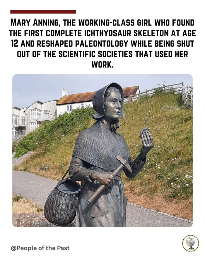 Historical post of a bronze statue of Mary Anning holding a hammer and fossil, feeling like time travel.