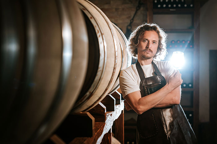Man in apron standing near large barrels in a cellar for unusual jobs