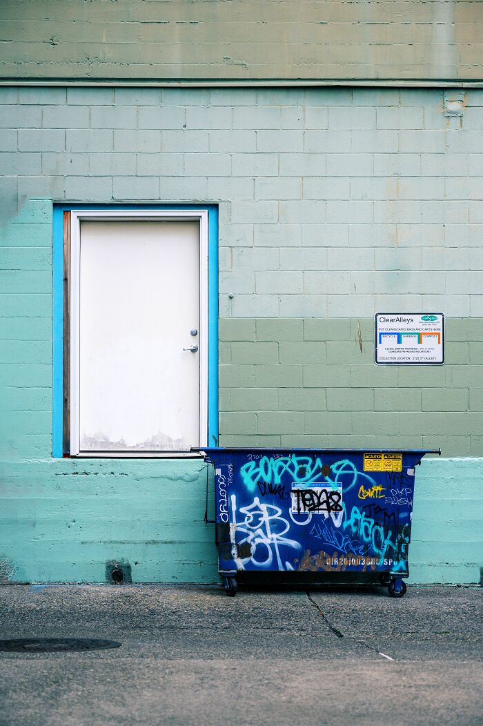 A blue dumpster covered in graffiti next to a plain door on a green wall, revealing interesting urban facts.