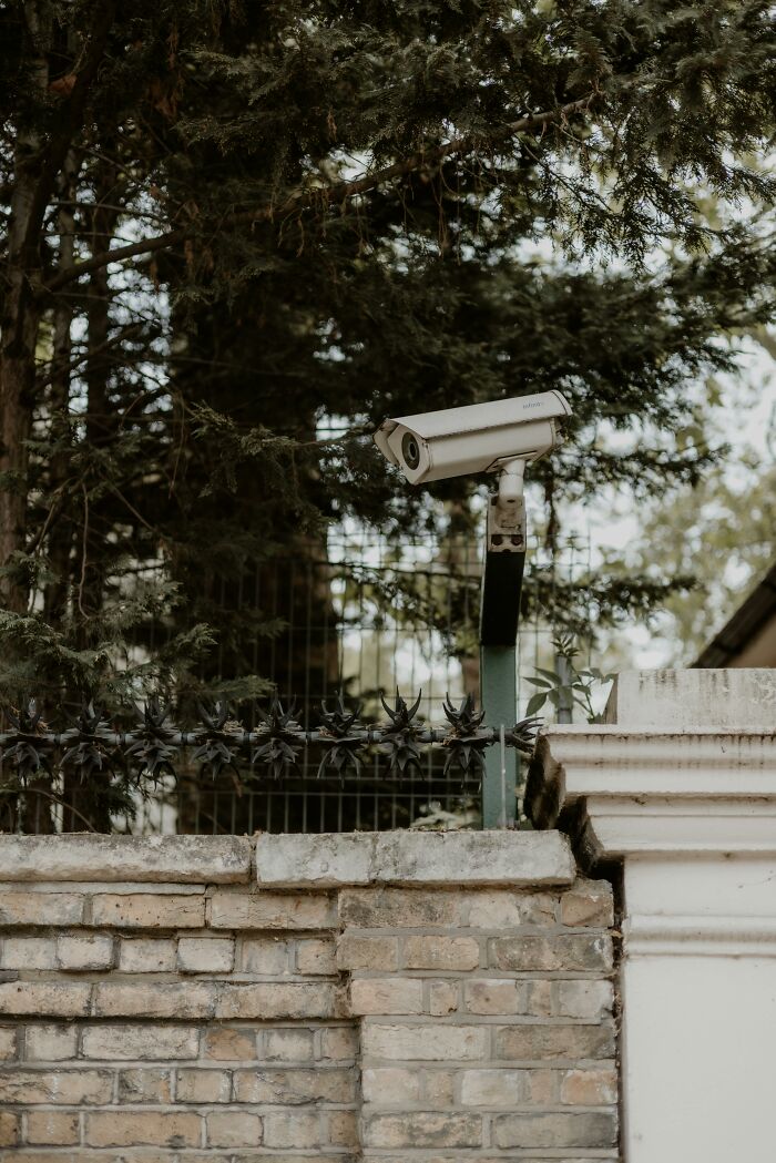 Security camera mounted on brick wall near trees