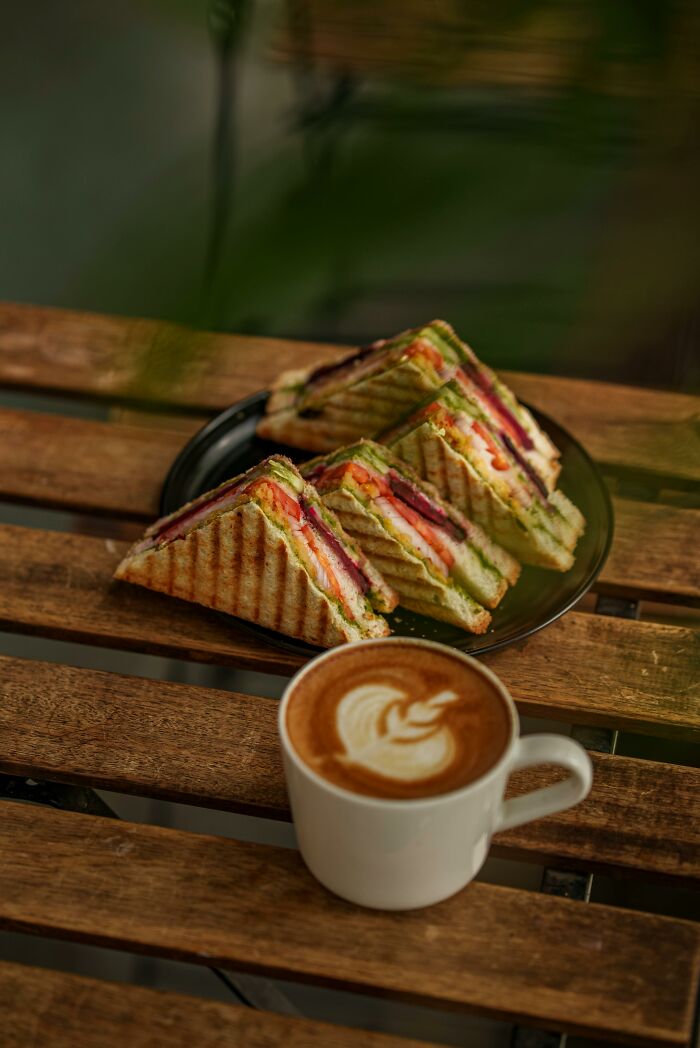 Grilled vegetable sandwich and latte coffee food facts