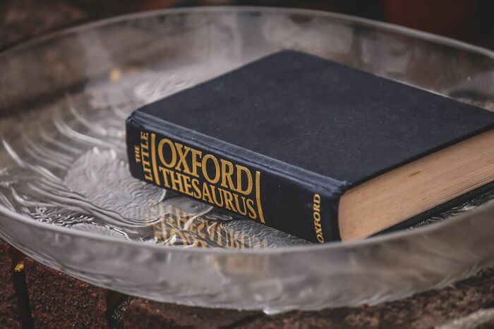 The Little Oxford Thesaurus in a glass bowl of water, highlighting cool and surprising facts about language.