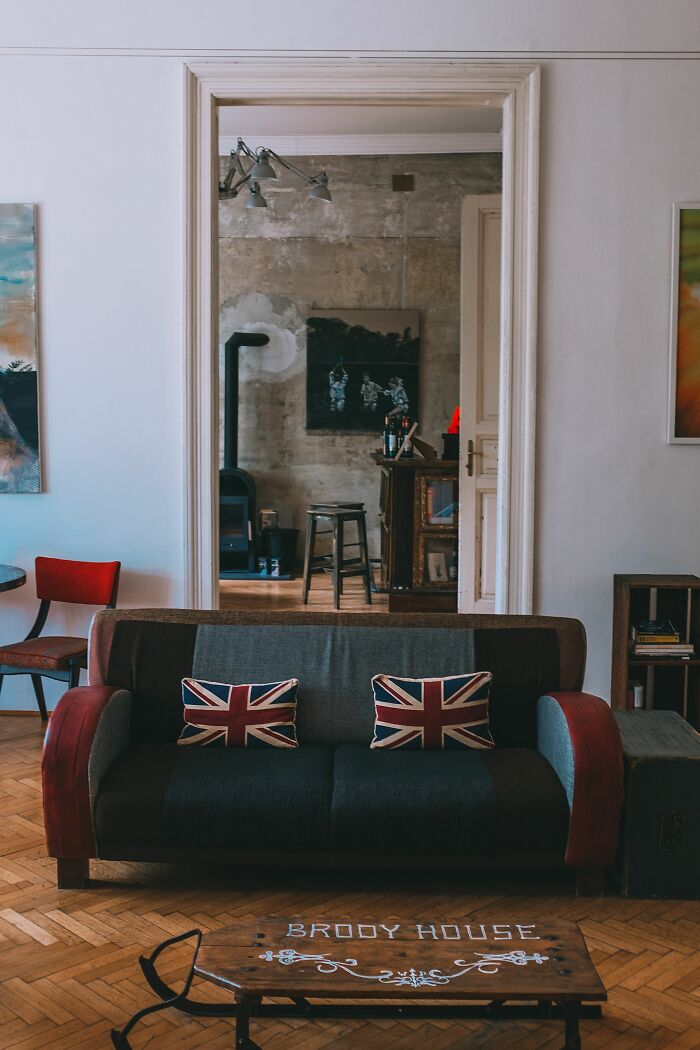 Living room interior with sofa and British flag pillows