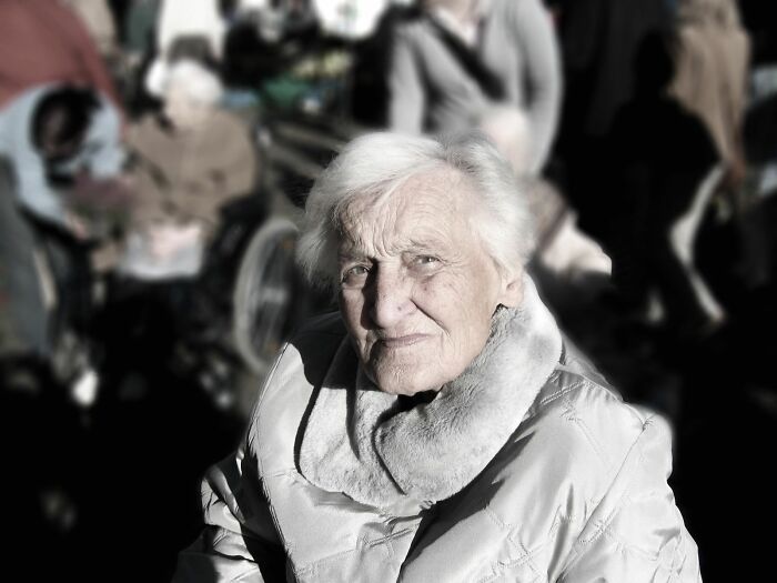An elderly woman with a stern expression, suggesting someone in full rage mode.