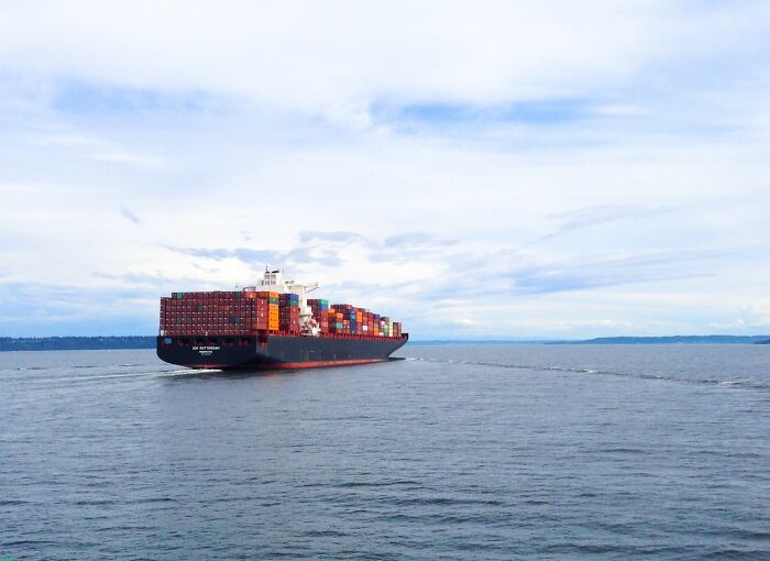 A large container ship sailing on the ocean, laden with numerous containers, representing a crazy but true fact.