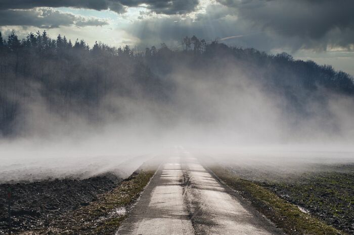 A foggy road in a mysterious landscape, suggesting a creepy, unbelievable event.