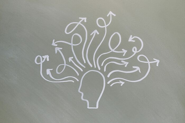 Chalk drawing of head with tangled arrows symbolizing anxious thought patterns
