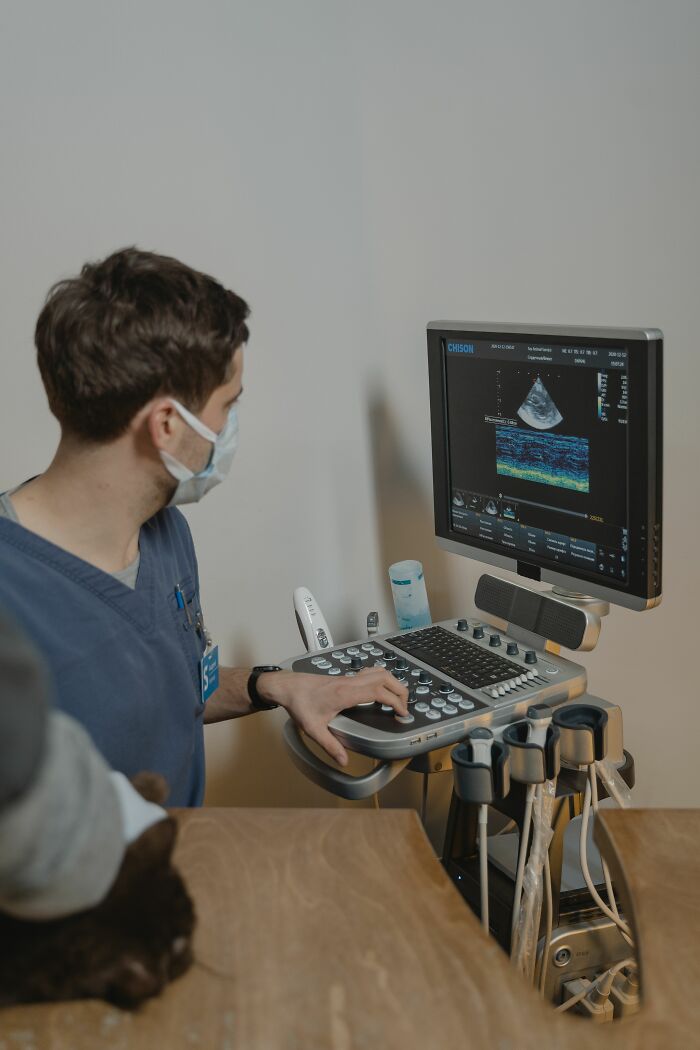 A medical professional wearing a mask operates an ultrasound machine, examining a patient. People hid their true selves.