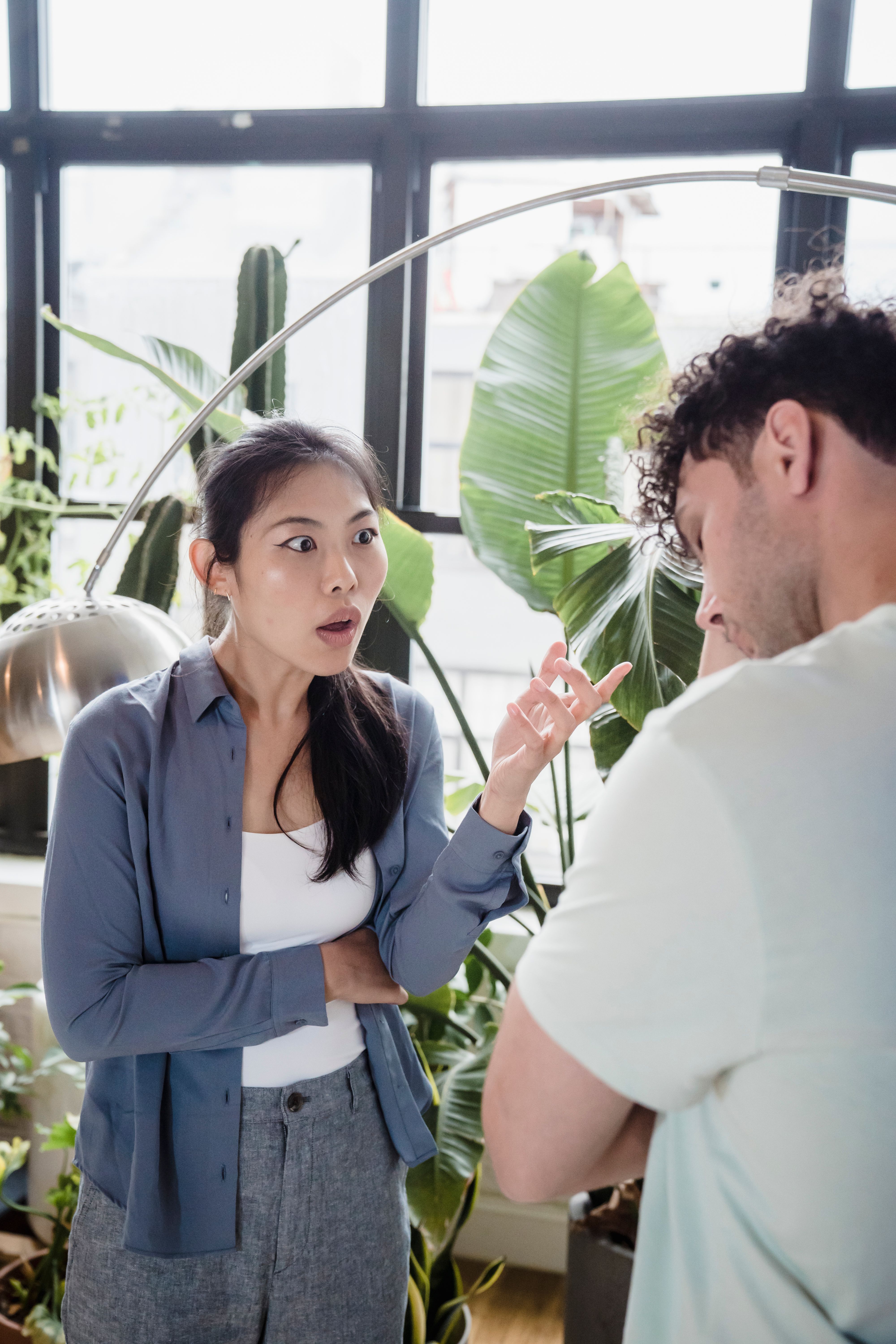 A woman, looking surprised and talking with her hands, makes her ex the joke.