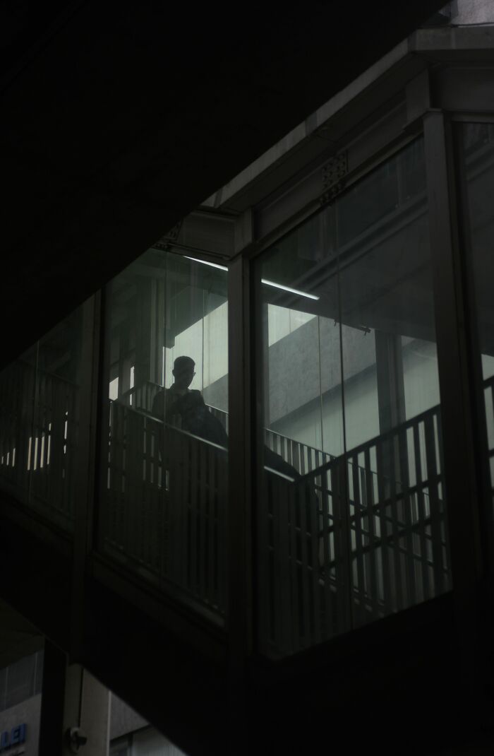 A person silhouetted in a dark, enclosed walkway with glass walls, representing individuals who hid their true selves.