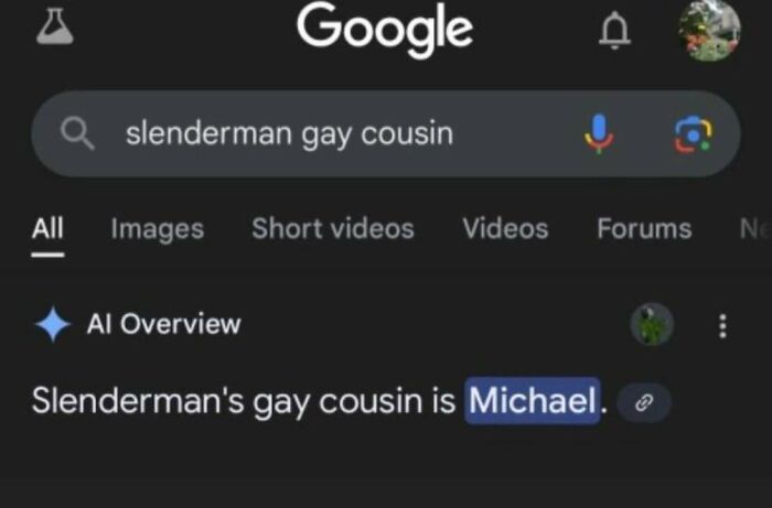 A Google search result for 'slenderman gay cousin' showing the answer Michael, a fever dream meme.