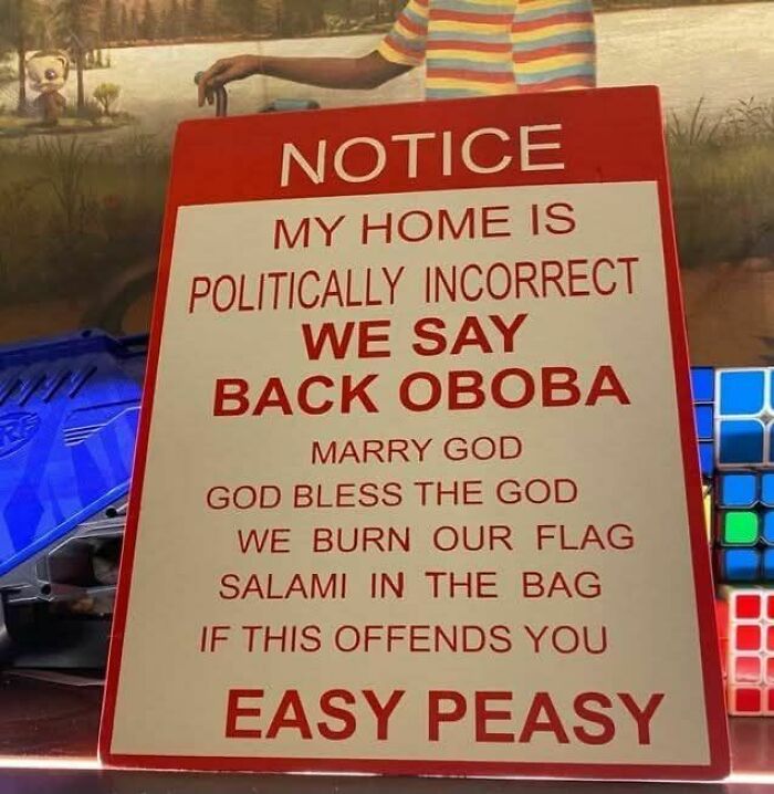 A notice sign saying My Home is Politically Incorrect, featuring odd statements for a fever dream meme.