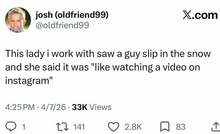 A social media post with a text about a lady describing a guy slipping in the snow as a fever dream meme.