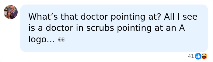 Screenshot of a social media comment about a doctor pointing at a logo after John Cena's hair transplant.