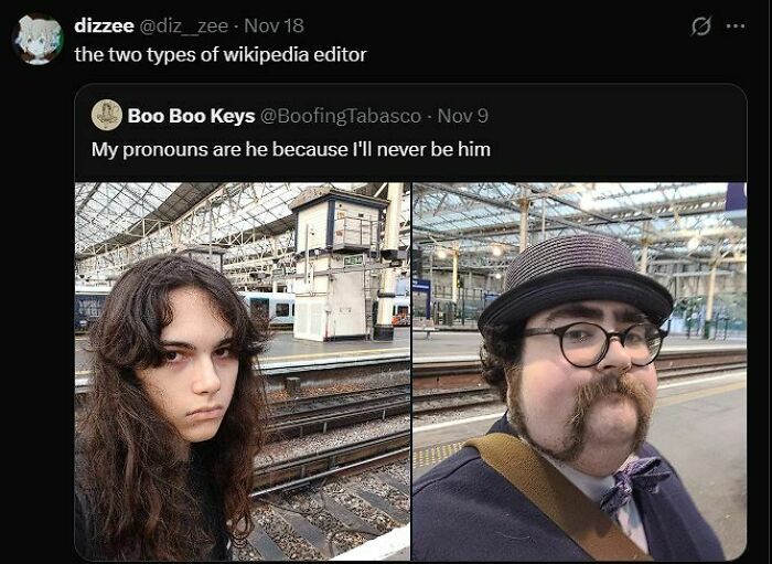 A split image of two people, described as different types of Wikipedia editors, creating a fever dream meme.