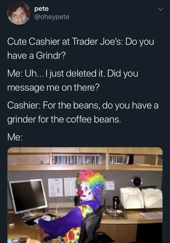 A fever dream meme of a person in a clown suit sitting at a desk after a misunderstanding with a cashier.