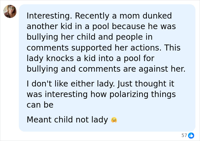 Screenshot of a social media comment discussing bullying and pool incident involving child