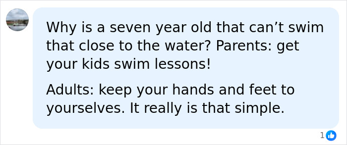 Comment criticizing lack of swim lessons and urging adults to keep hands to themselves in pool