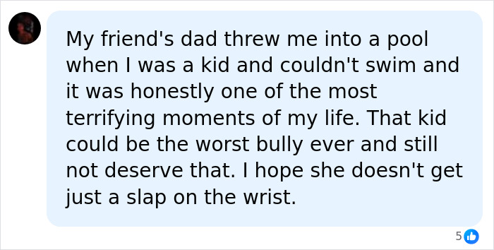 Facebook comment recalling a childhood pool incident and hoping Karen won't get a light punishment