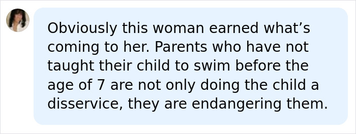 Comment criticizing parents for not teaching child to swim before age seven