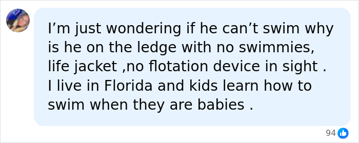 Comment questioning lack of swim gear on child in hotel pool