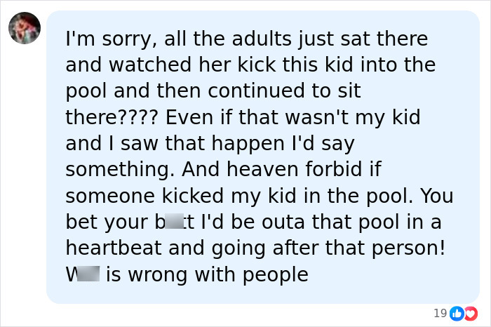 Facebook comment criticizing bystanders for not stopping Karen's attack in hotel swimming pool