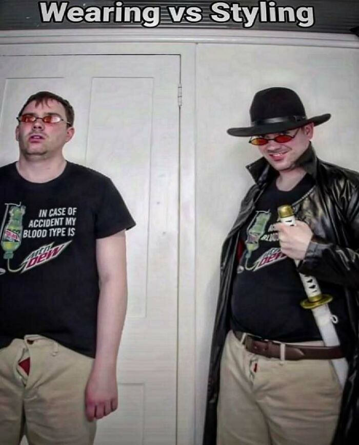 A side-by-side image illustrating Wearing vs Styling with a fever dream vibe.
