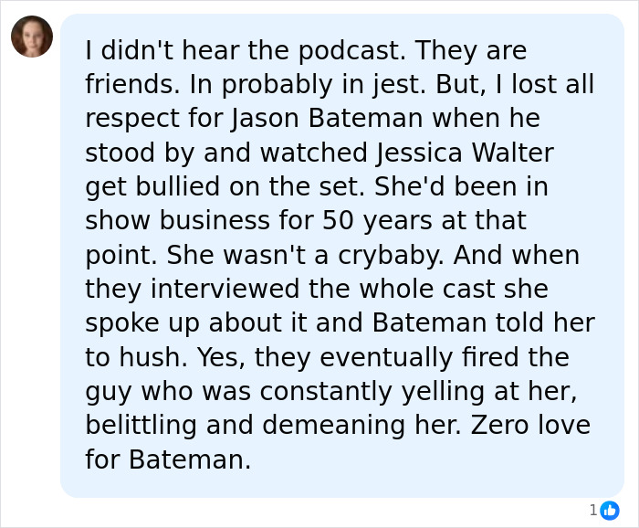 A detailed social media comment about Jason Bateman and Will Arnett, mentioning Amy Poehler and Jessica Walter. A detailed social media comment about Jason Bateman and Will Arnett, mentioning Amy Poehler and Jessica Walter.