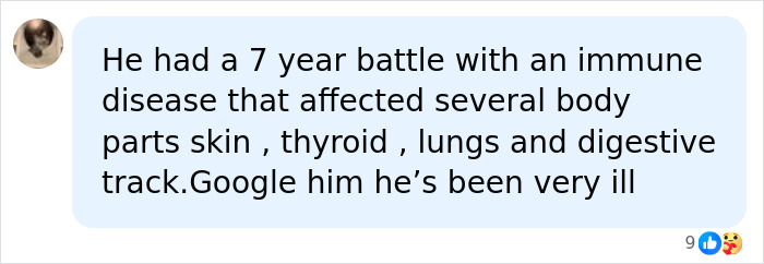 A social media comment about Joe Manganiello's health battle with an immune disease affecting skin, thyroid, lungs, and digestive track. A social media comment about Joe Manganiello's health battle with an immune disease affecting skin, thyroid, lungs, and digestive track.