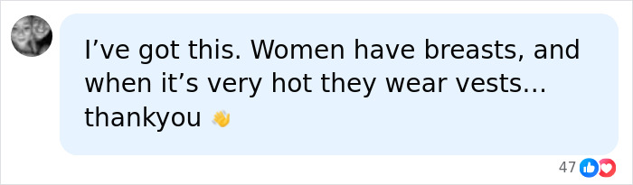 A social media comment defending the former mayor's World Cup outfit, noting women wear vests when it is hot. A social media comment defending the former mayor's World Cup outfit, noting women wear vests when it is hot.