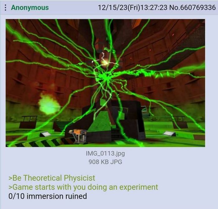 A video game screenshot featuring green energy beams, part of a fever dream meme about theoretical physicists.