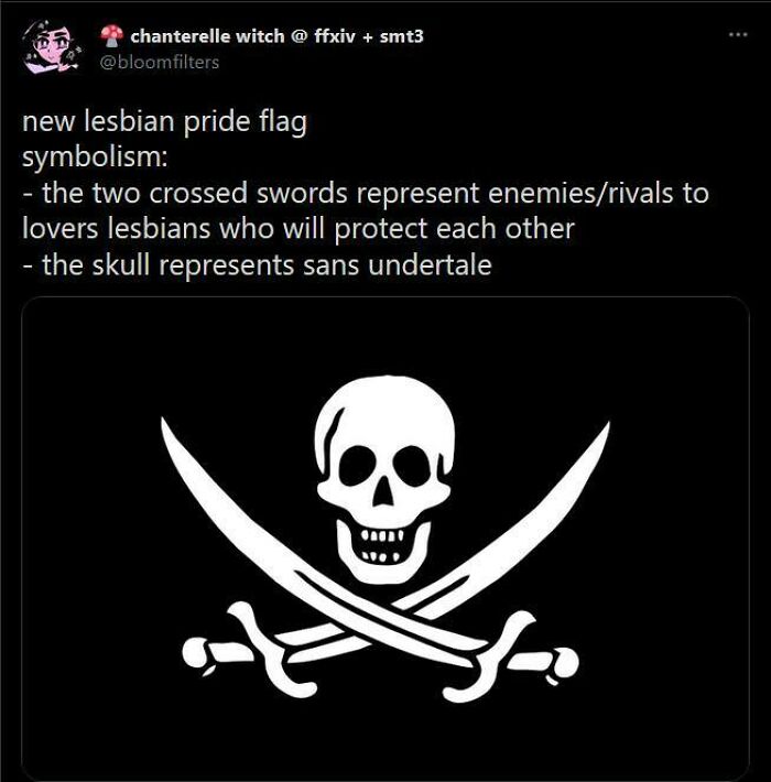 A fever dream meme about a new lesbian pride flag, featuring a pirate flag with a skull and crossed swords.