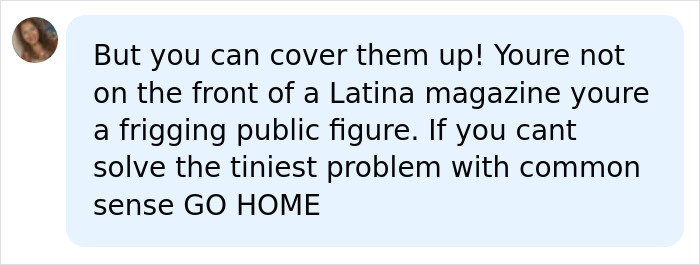 A social media comment criticizing the former mayor's revealing World Cup outfit, telling her to cover up. A social media comment criticizing the former mayor's revealing World Cup outfit, telling her to cover up.