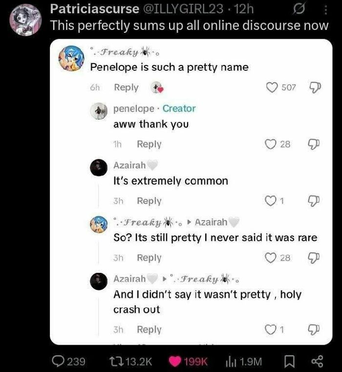 A screenshot of a Twitter conversation about a common name, an example of internet discourse that feels like a fever dream meme.