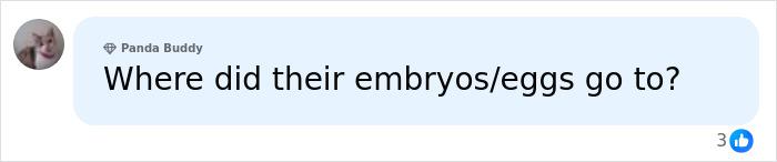 A user comment asking about the location of embryos/eggs after an IVF mix-up with the wrong baby.