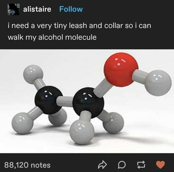 A 3D model of an alcohol molecule resembling a dog, a humorous meme that feels like a fever dream.